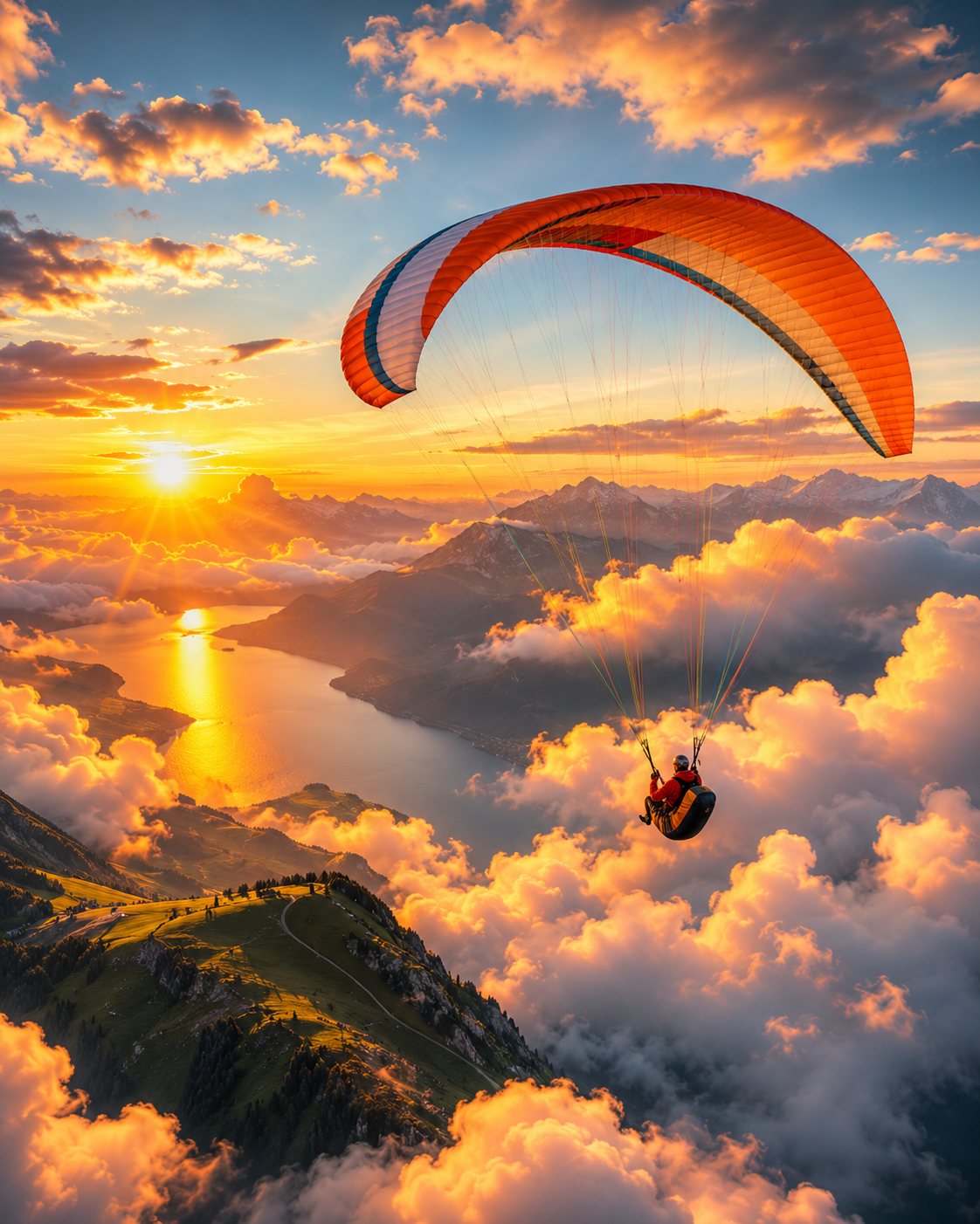 Air sports above sunrise clouds
